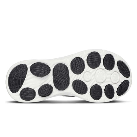 Close-up of a shoe sole with black pattern on a white background