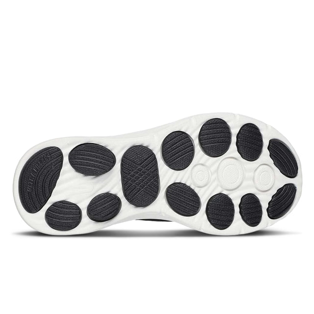 Close-up of a shoe sole with black pattern on a white background