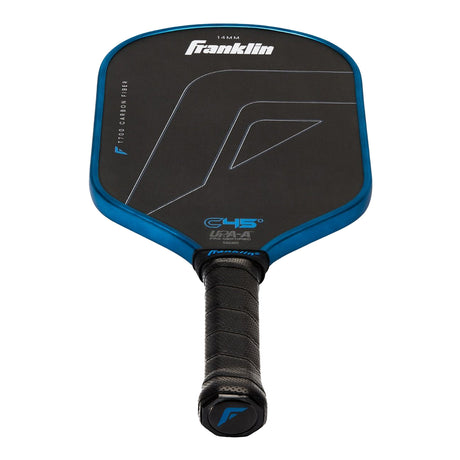 Black and blue pickleball paddle with Franklin Sports branding on a white background