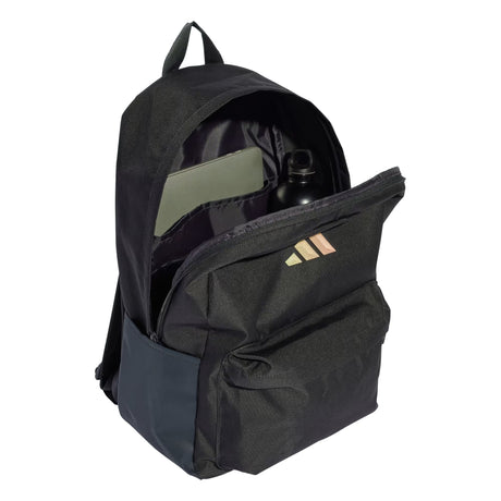 Black Adidas backpack with open front pocket on a white background