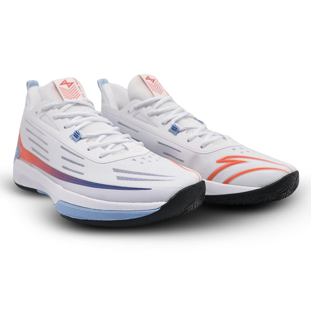White athletic shoes with colorful accents on a white background