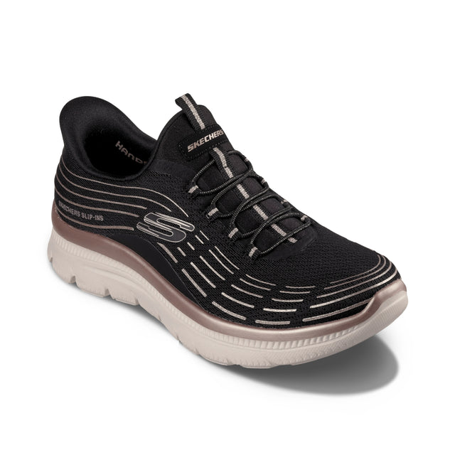 Black running shoe with white sole on a white background