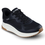 Black running shoe with white sole on a white background