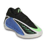Black, blue, and green athletic shoe on a white background