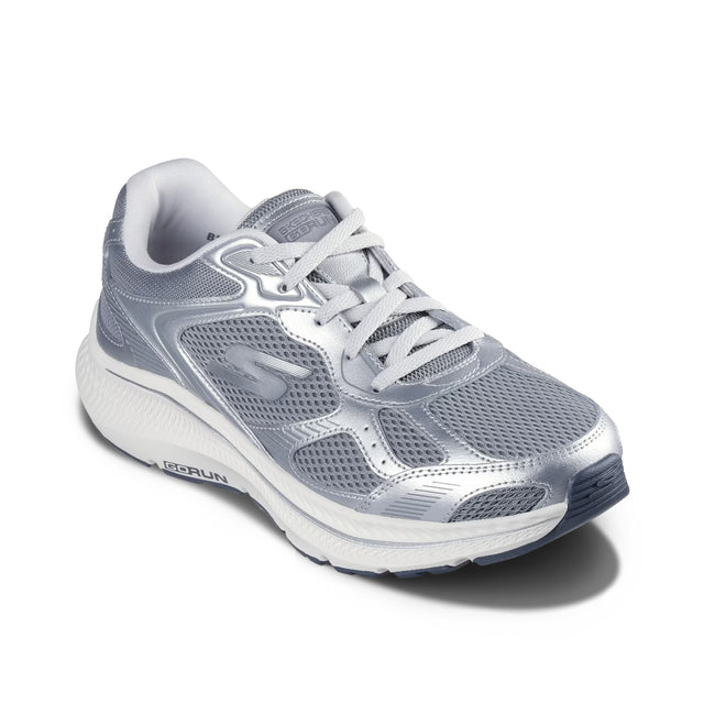 Gray running shoe with white laces on a white background