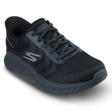 Black running shoe with blue accents on a white background