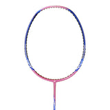 Unstrung Yonex badminton racket with a blue and pink frame, and a black grip.