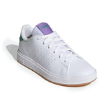 White sneaker with purple and green accents on a white background