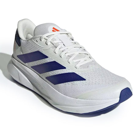 White running shoe with blue accents on a white background