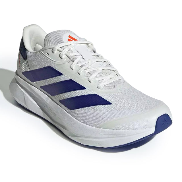 White running shoe with blue accents on a white background