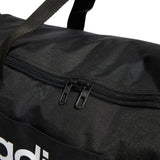 Black duffel bag with a visible brand logo on a white background