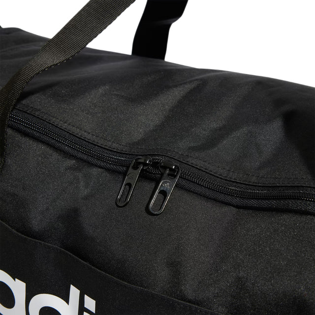 Black duffel bag with a visible brand logo on a white background
