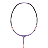 Unstrung Yonex Nanoflare badminton racket with purple, red, and gray colors