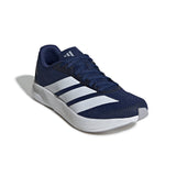 Navy blue Adidas running shoe with white stripes on a white background
