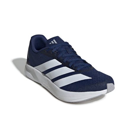 Navy blue Adidas running shoe with white stripes on a white background