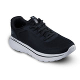 Black running shoe with white sole on a white background
