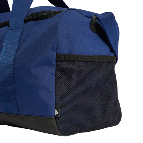 Blue duffel bag with black mesh pocket on a white background