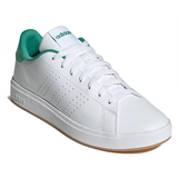 White Adidas sneaker with green accents on a white background
