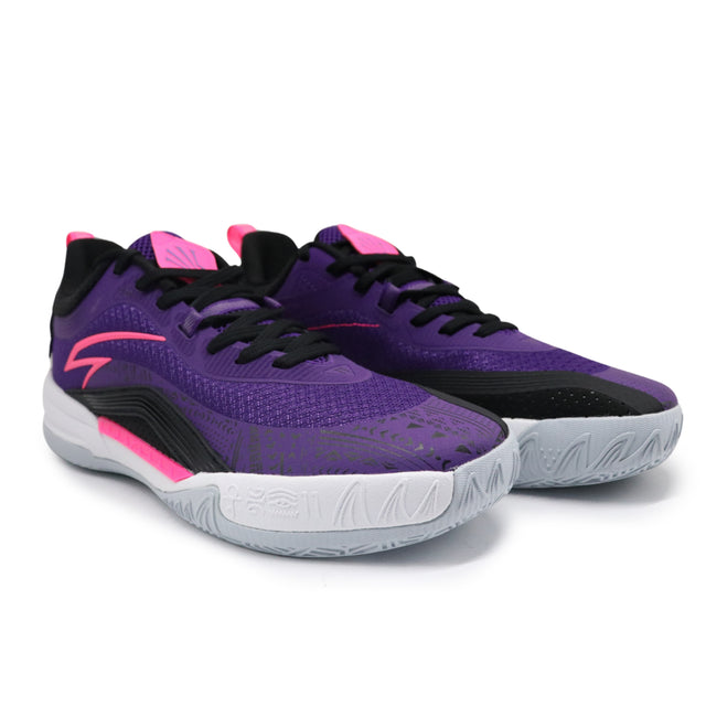Purple and black athletic shoes with pink accents on a white background