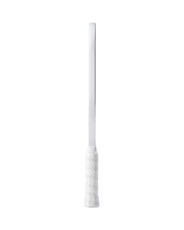 White plastic tool with a cylindrical handle and perforated design on a white background