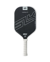 Black pickleball paddle with white text on a white background