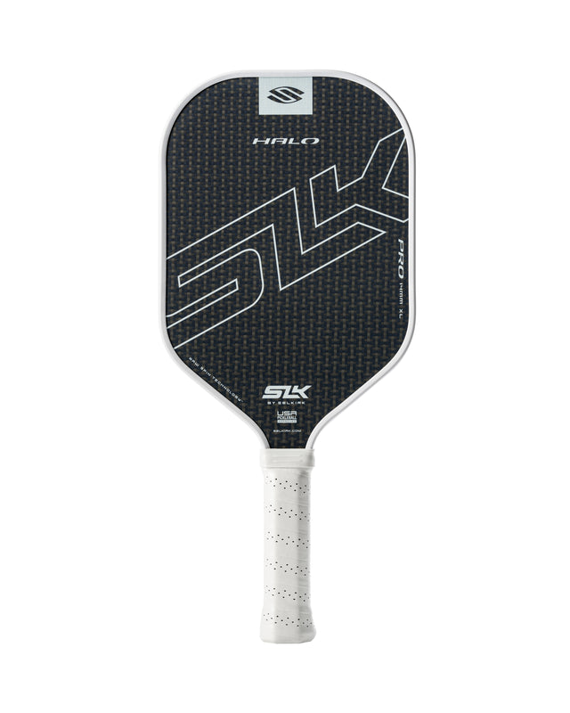 Black pickleball paddle with white text on a white background