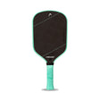 Pickleball paddle with black face and teal handle on a white background