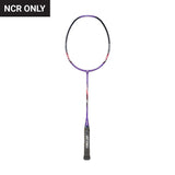 Unstrung Yonex Nanoflare badminton racket with purple, red, and gray colors